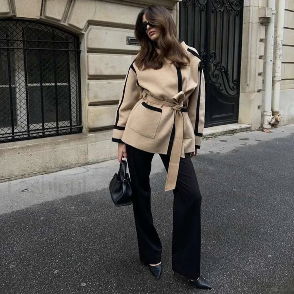 Casual Lace Up Women’s Overcoats Dark khaki color / S