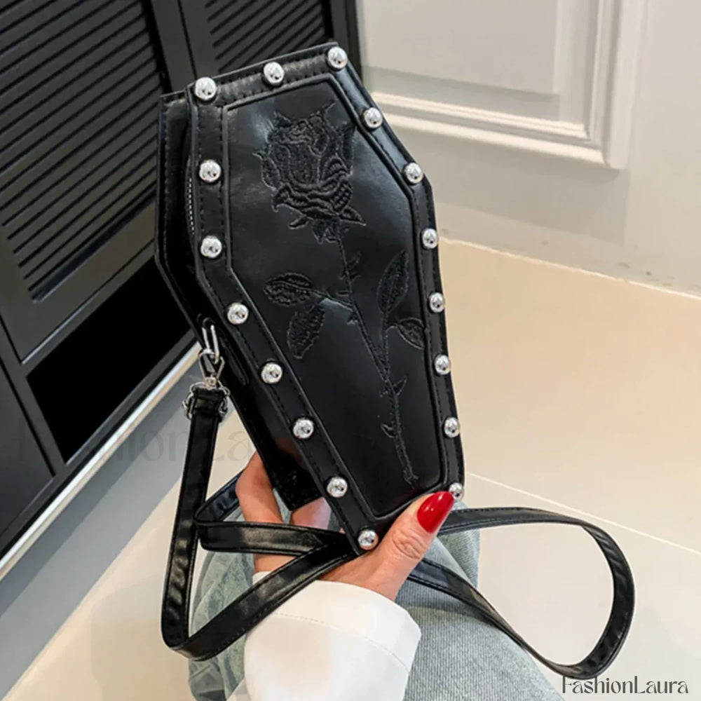 Creative PU Coffin Shape Embroidery Phone Office Travel Bag Black