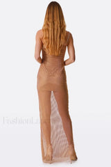 Crystal Embellished Stylish Fishnet Maxi Dress