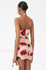 Cutout Ruched Floral Charming Jersey Mini Dress