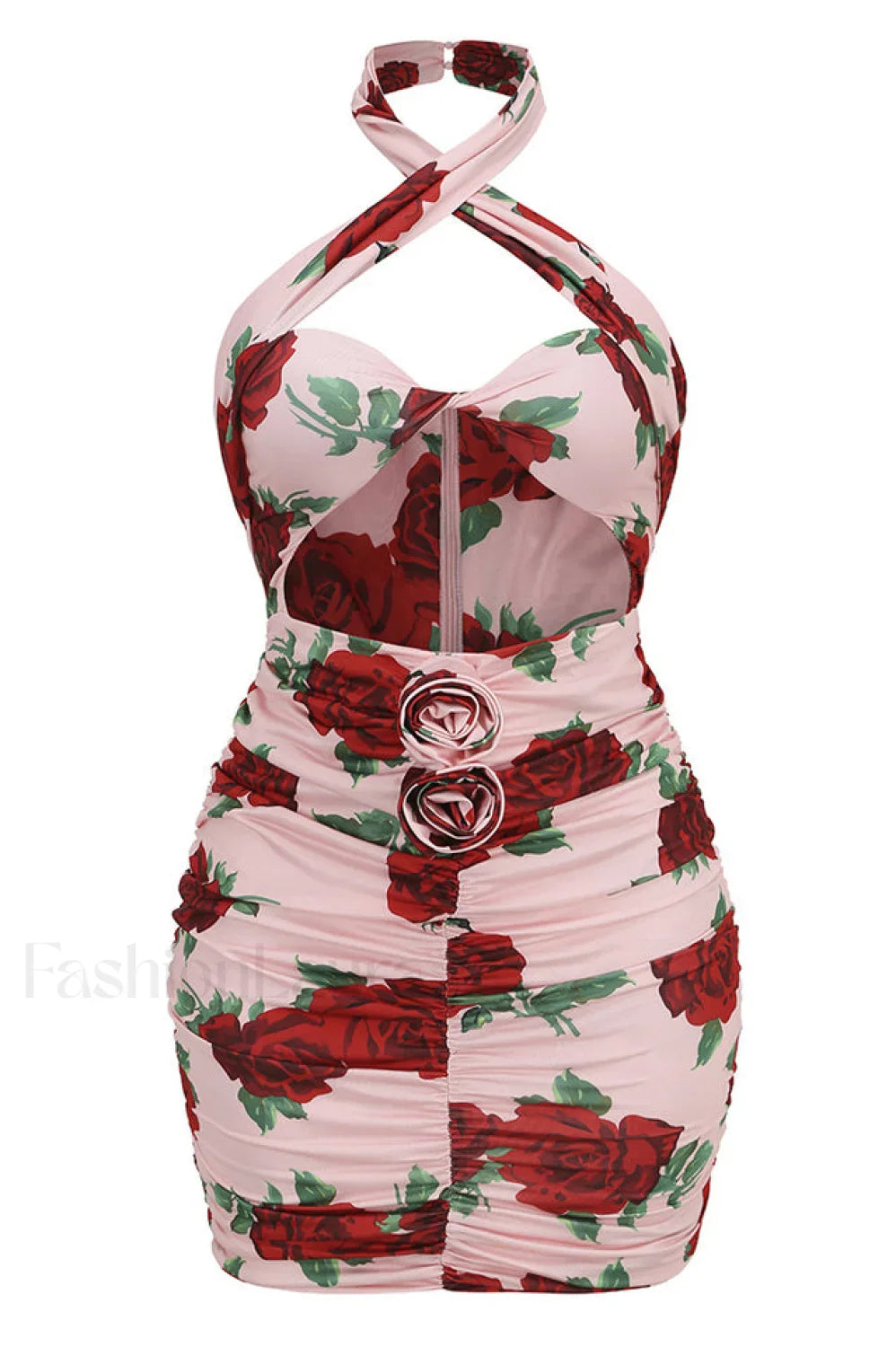 Cutout Ruched Floral Charming Jersey Mini Dress