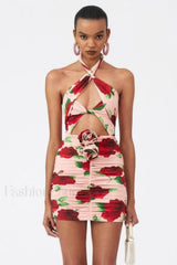 Cutout Ruched Floral Charming Jersey Mini Dress S / Rose Print