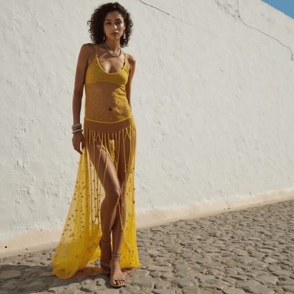 Hollow stitching knitted suspender dress