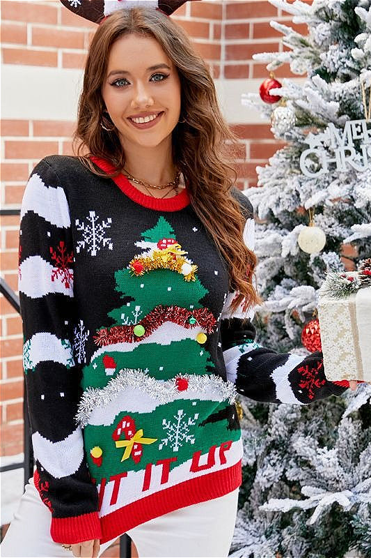 Christmas Relaxed Crew Neck Color Block Christmas Style Cartoon Print Sweater