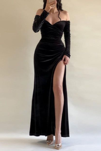 Sexy One Shoulder High Slit Elegant Velvet Dress