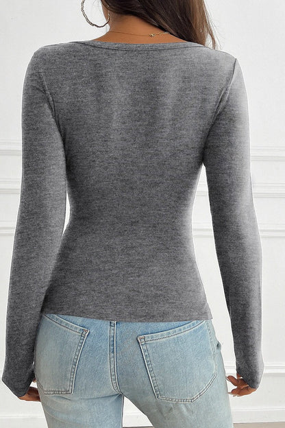 Button Detail Lace Trim V-Neck Long Sleeve Tee