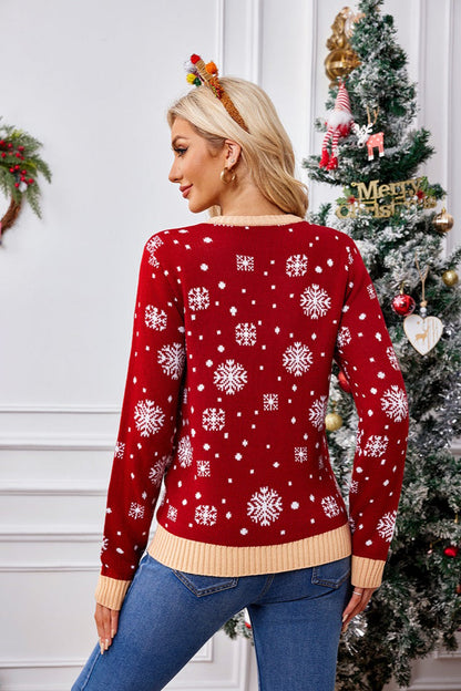Christmas Cozy Color Block Santa Snowflake Polka Dot Sweater