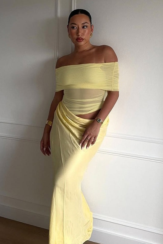 Off-the-Shoulder Ruched Tulle Paneled Cutout Maxi Dress
