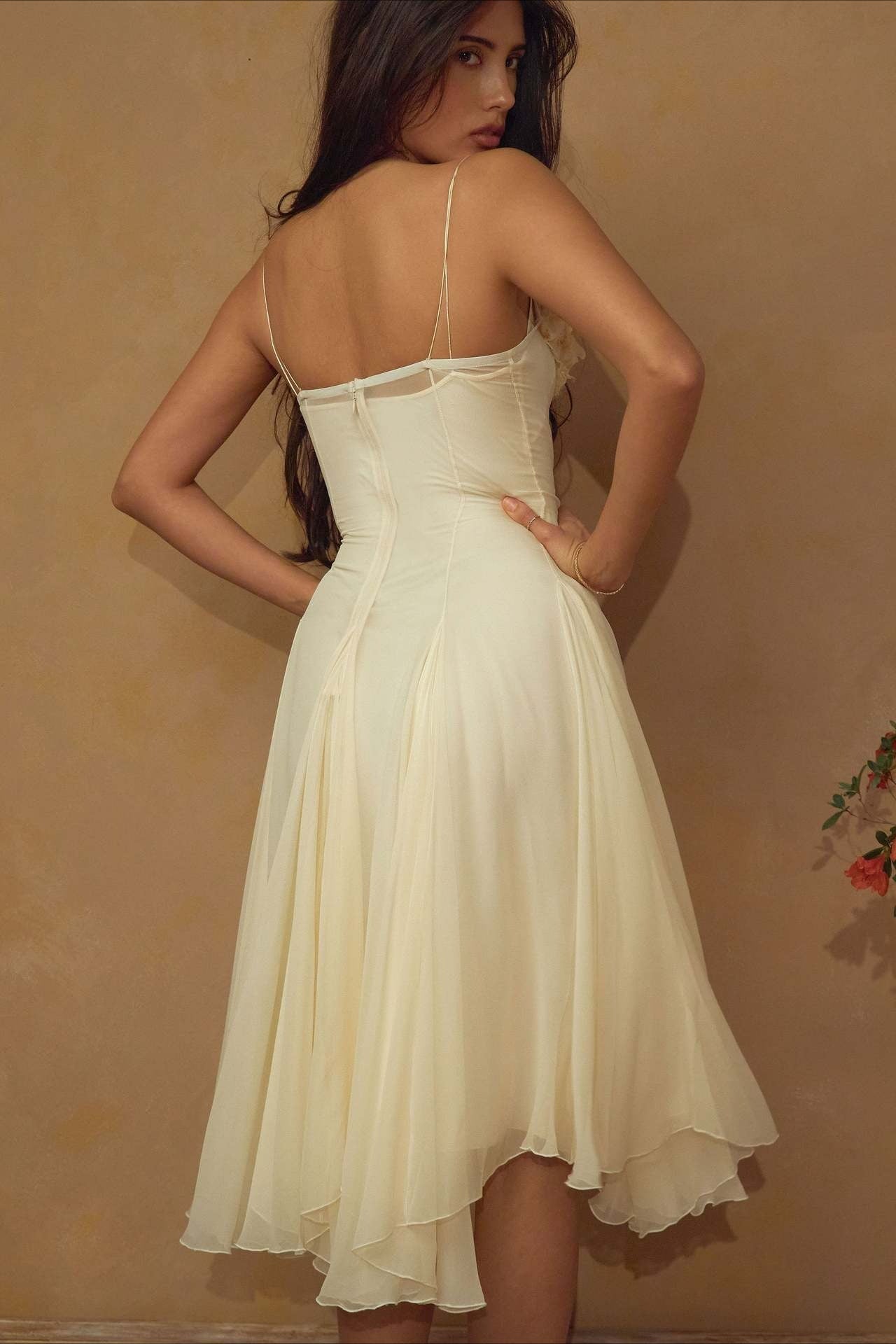 3D Flower Deep V Patchwork Spaghetti Strap Romantic Party Dress