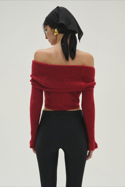 3D Floral Off-Shoulder Fitted Knitted Long Sleeve Tee