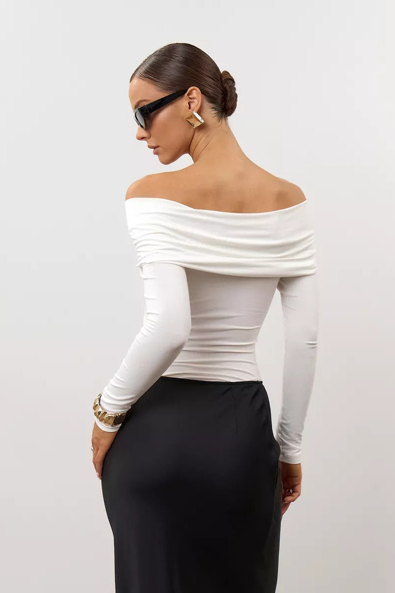 Ruched Cross Slim Bare-Shoulder Long Sleeve Tee