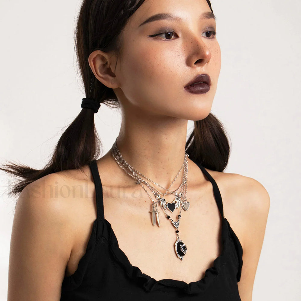 Dark Punk Heart Wing Sword Pendant Necklace for Halloween WHITE
