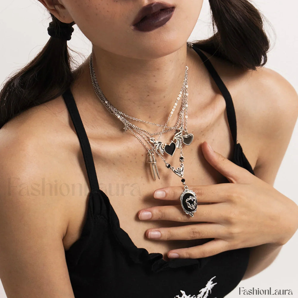 Dark Punk Heart Wing Sword Pendant Necklace for Halloween WHITE