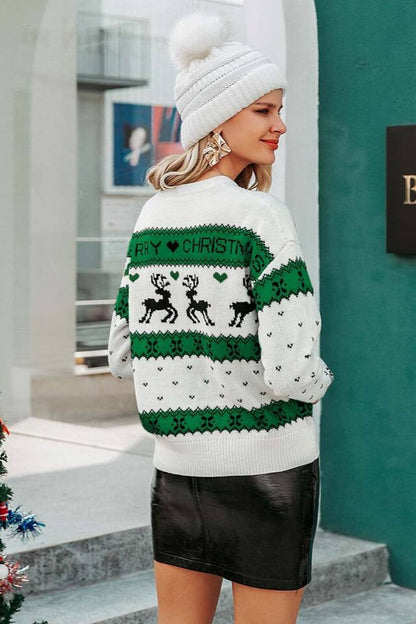 Christmas Cozy Moose Polka Dot Color Block Sweater