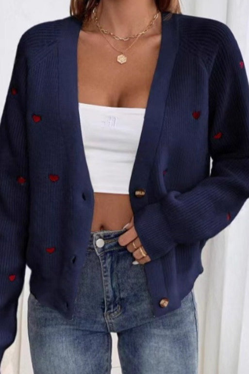 Heart Embroidery V Neck Christmas Cardigan