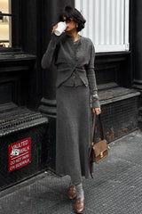 Button Cardigan Camisole Skirt Knit Set