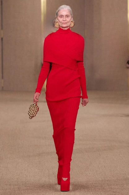 High Neck Cross Knit Jacquard Bodycon Maxi Sweater Dress