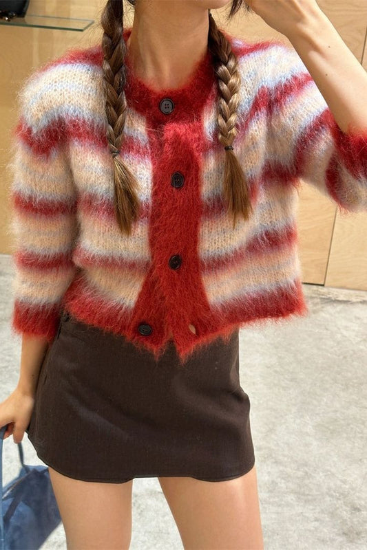 Striped Cropped Round Neck Christmas Cardigan