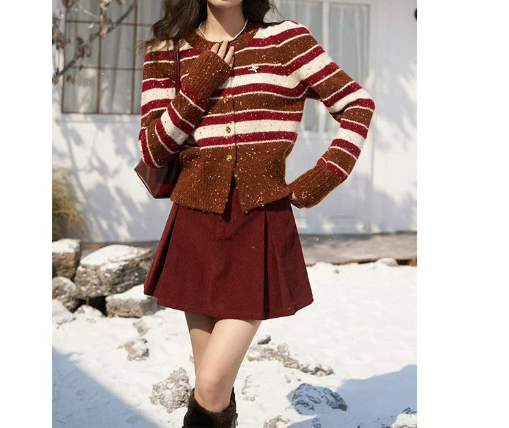 Striped Knitted Round Neck Cardigan Cardigan-241208