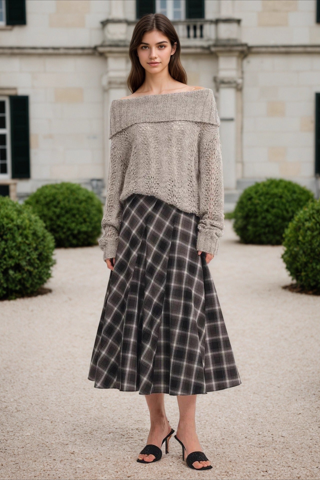 Wool Plaid Waist Defined A-Line Christmas Skirt