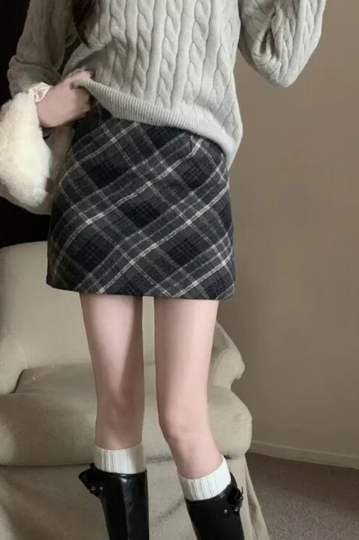 Wool Plaid High Waist A-Line Christmas Skirt