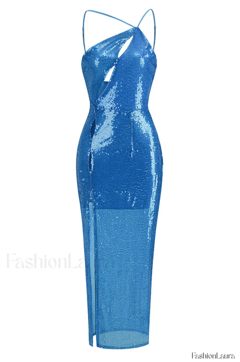 Deep Slit One Charming Shoulder Sequin Dress S / Blue