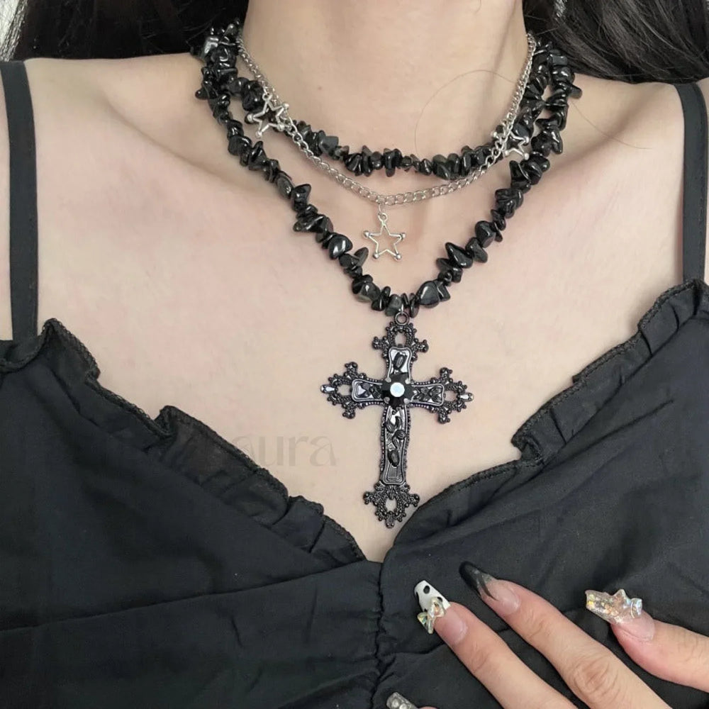 Diamond Star Double Layer Dark Hip Hop Necklace BLACK