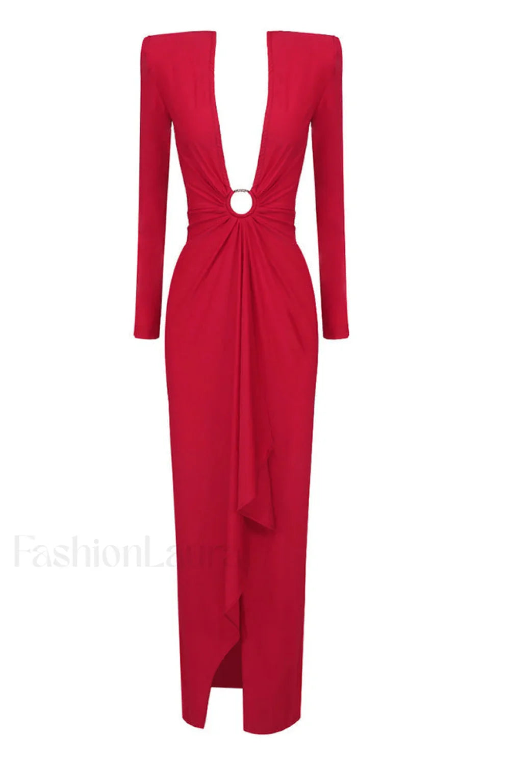 Draped Ring Detailed Charming Deep V Neck Dress XS / Red