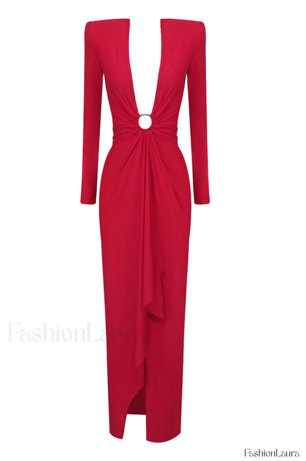 Draped Ring Detailed Charming Deep V Neck Dress XS / Red