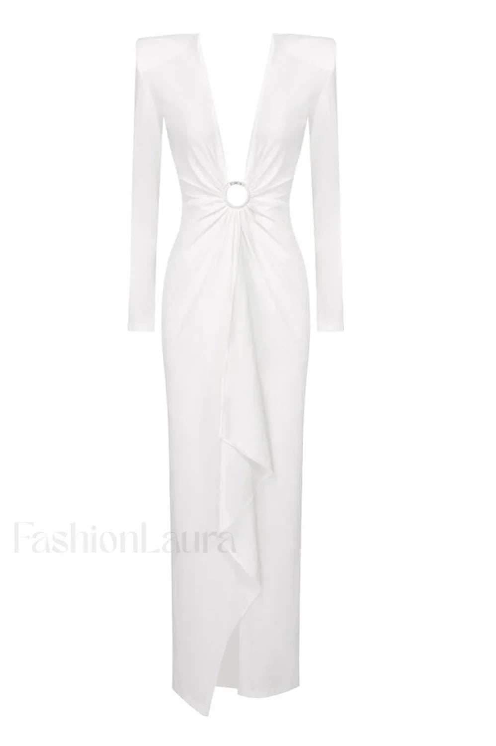 Draped Ring Detailed Charming Deep V Neck Dress XS / White