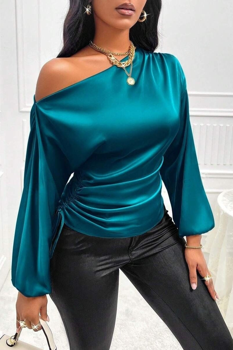 Satin Asymmetric Collar Ruched Waist Long Sleeve Tee