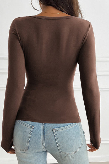 Button Detail Lace Trim V-Neck Long Sleeve Tee