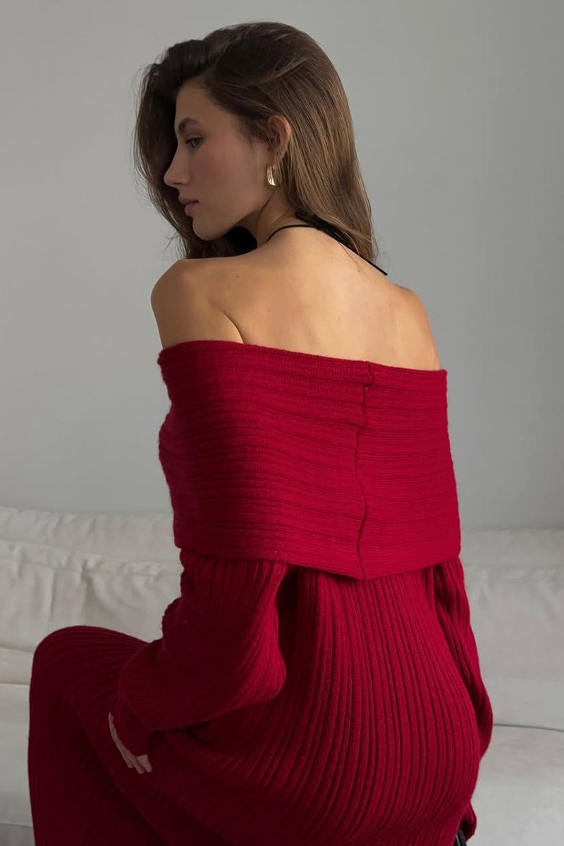 Off-Shoulder Long Sleeve Knit Bodycon Bardot Sweater Dress