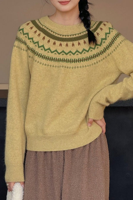Fair Isle Pattern Loose Crew Neck Color Block Minimalist Sweater