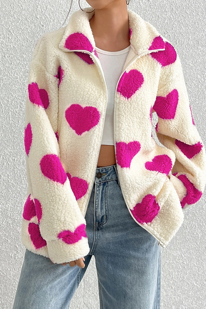 Fuzzy Heart Print Oversized Long Sleeve Zip Christmas Outerwear