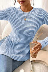 Textured Stripe Side Slit Long Sleeve T Shirt