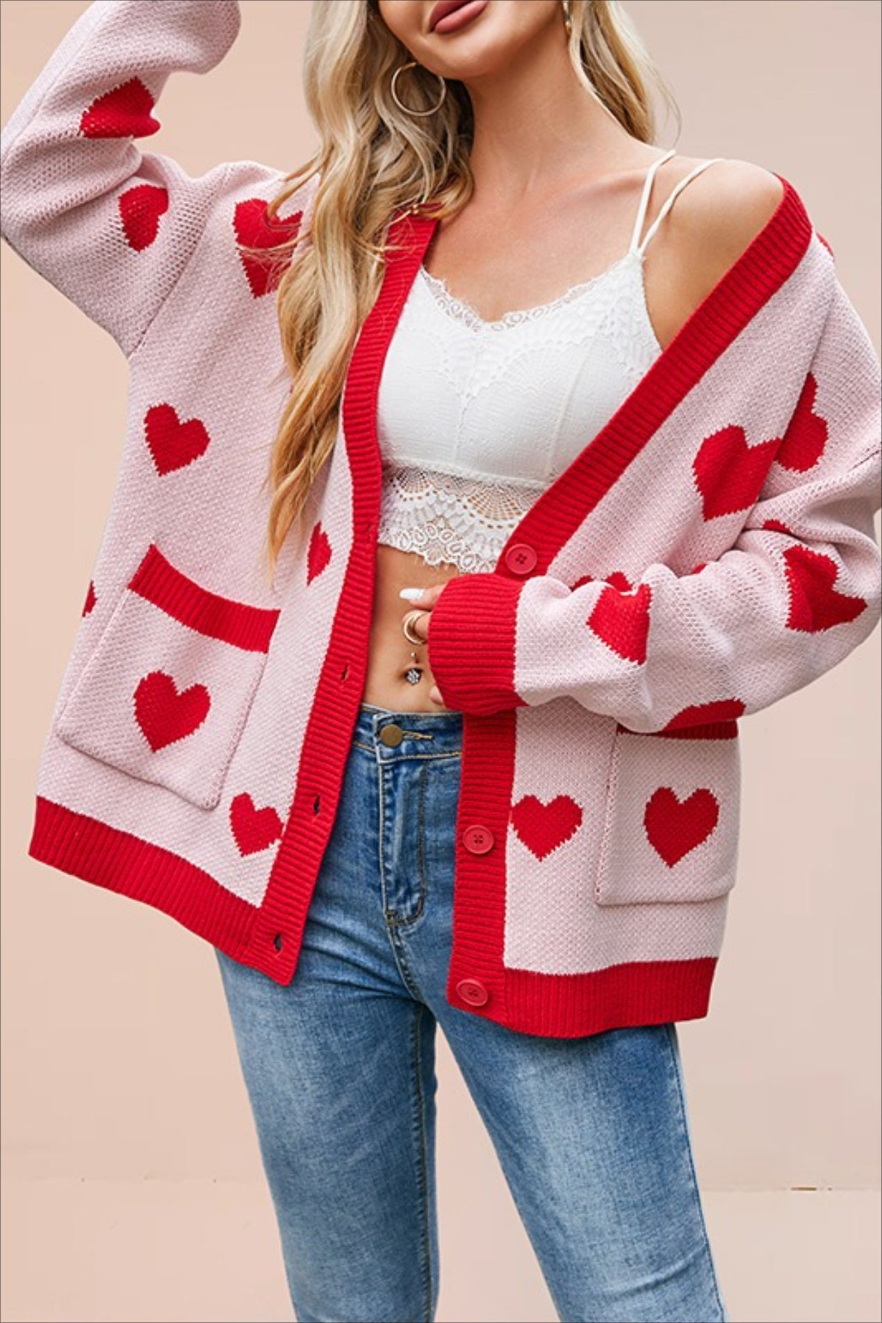 Heart Pocket V Neck Christmas Cardigan