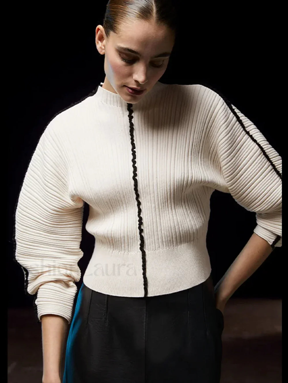 Elegant Contrast Stitching Knitted Pullover Women Casual O neck Long Sleeves Warm Sweater Sweaters L
