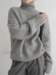 Elegant Solid Color Turtleneck Knitted Women Casual Long Sleeve Loose Sweater Grey / S Sweaters L