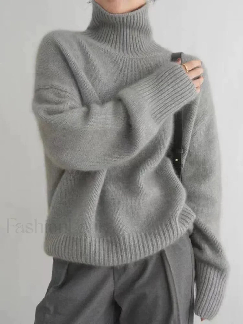 Elegant Solid Color Turtleneck Knitted Women Casual Long Sleeve Loose Sweater Grey / S Sweaters L