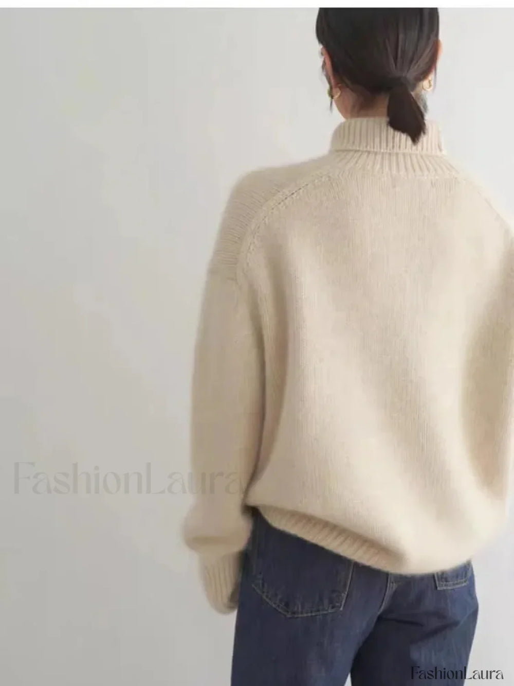 Elegant Solid Color Turtleneck Knitted Women Casual Long Sleeve Loose Sweater Sweaters L