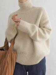 Elegant Solid Color Turtleneck Knitted Women Casual Long Sleeve Loose Sweater Sweaters L