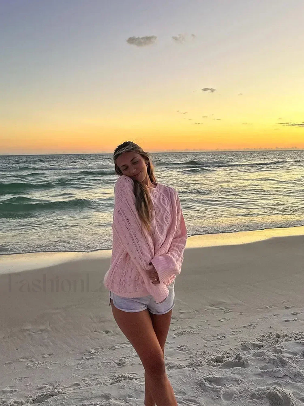 Elegant Sweet Pink Oversized Twist Knitted Pullover Women Casual O Neck Sweater Sweaters L