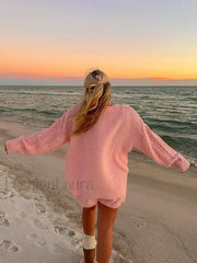 Elegant Sweet Pink Oversized Twist Knitted Pullover Women Casual O Neck Sweater Sweaters L