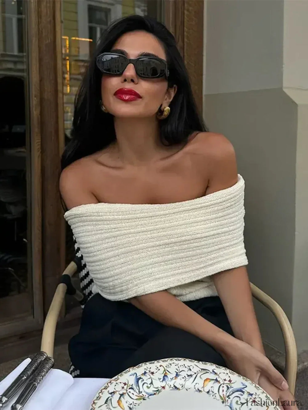 Elegant White One Shoulder Knitted Women Sexy Off Shoulder Short Sleeves Slim Sweater WHITE / S Sweaters L