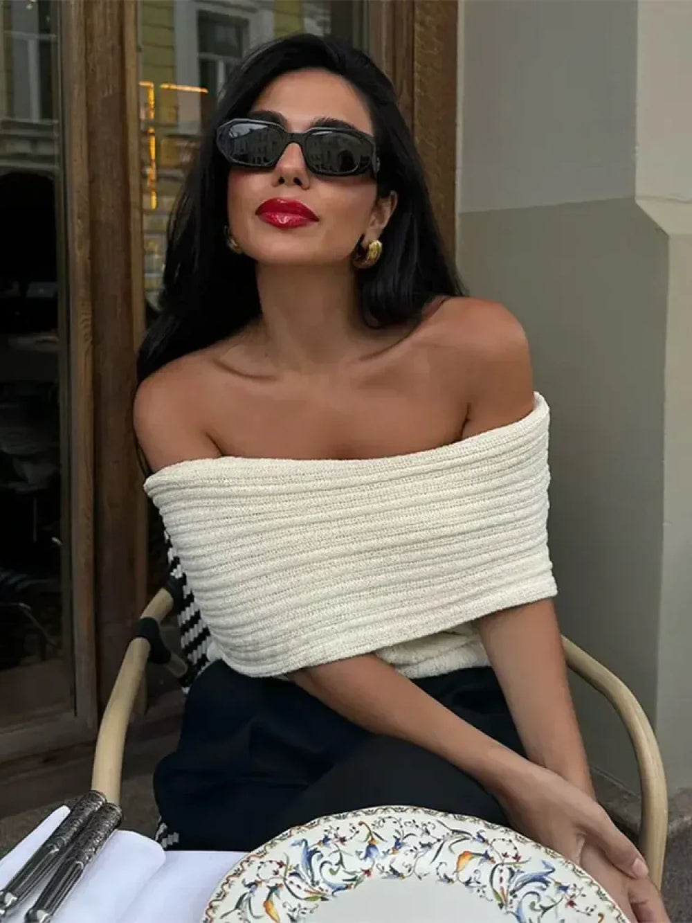 Elegant White One Shoulder Knitted Women Sexy Off Shoulder Short Sleeves Slim Sweater WHITE / S Sweaters L