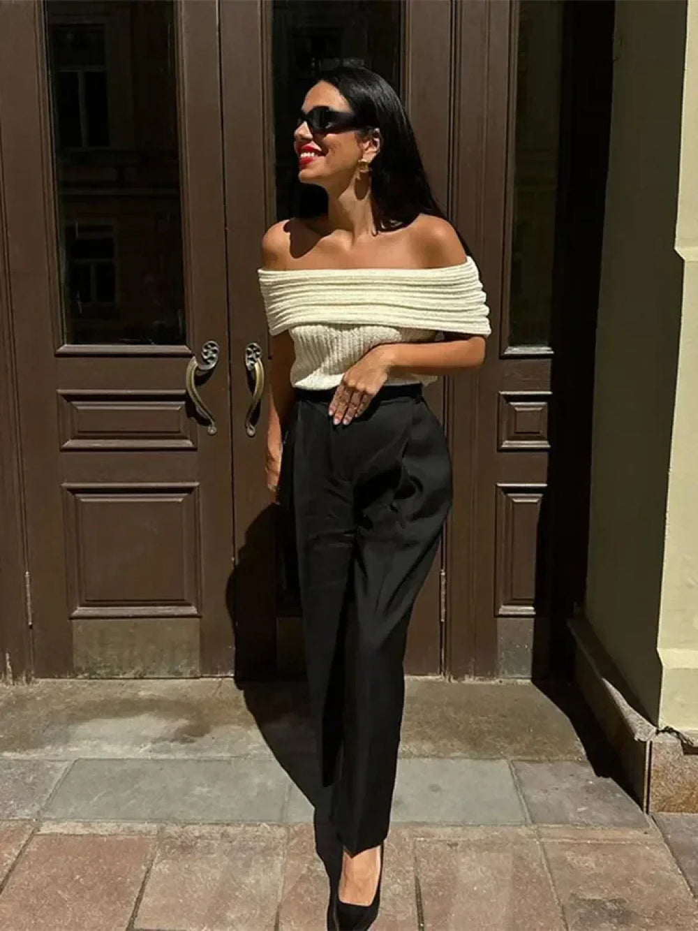 Elegant White One Shoulder Knitted Women Sexy Off Shoulder Short Sleeves Slim Sweater Sweaters L