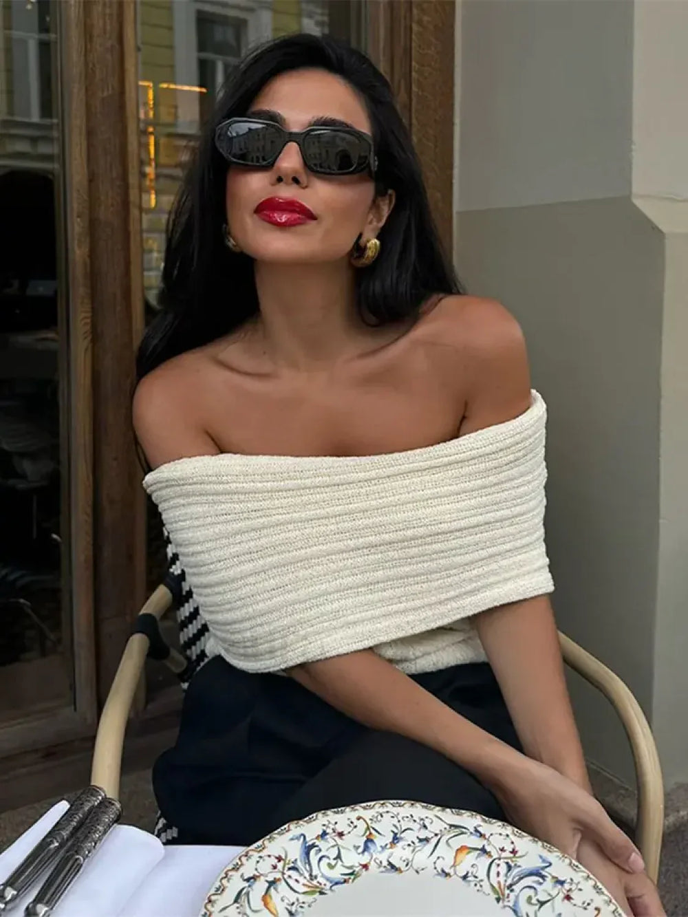 Elegant White One Shoulder Knitted Women Sexy Off Shoulder Short Sleeves Slim Sweater Sweaters L