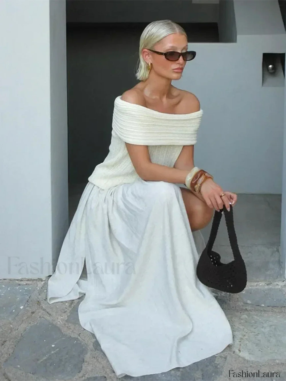 Elegant White One Shoulder Knitted Women Sexy Off Shoulder Short Sleeves Slim Sweater Sweaters L