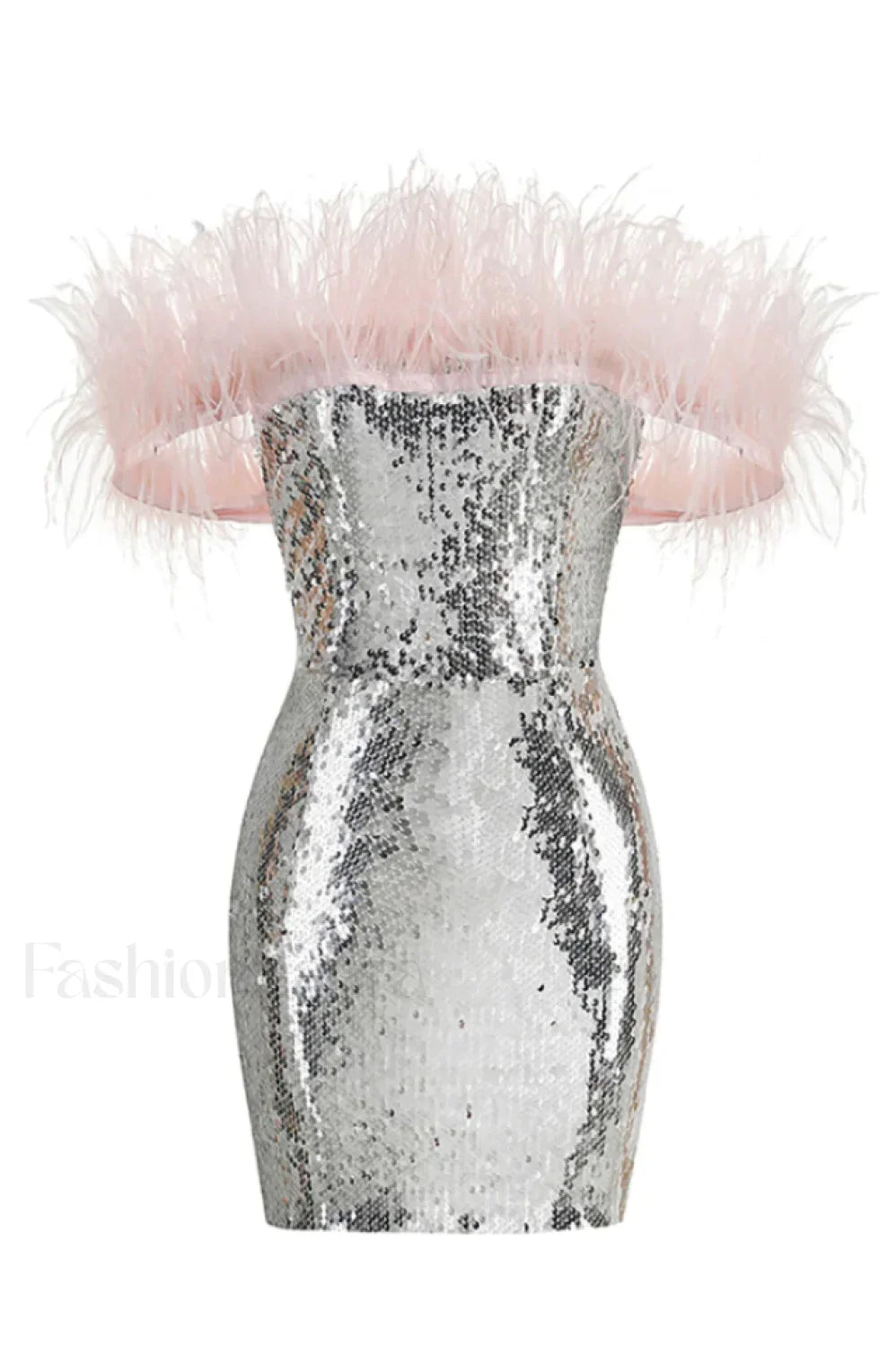 Eleni Off Shoulder Charming Feather Sequin Dress XS / Silver